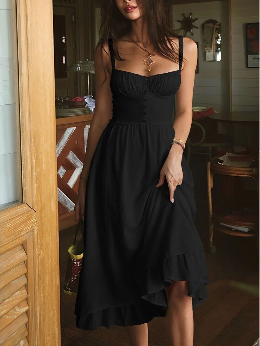 #72 NWT Commense Ruffle Hem Cami Plain Midi Dress